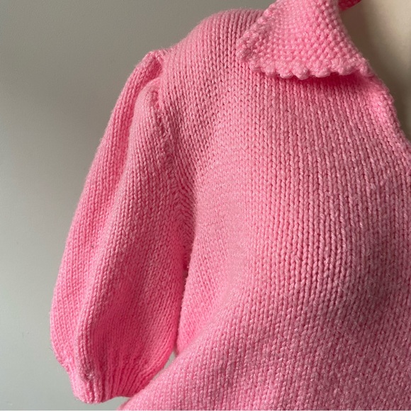 Handmade Vintage Bubblegum Pink Knit Polo Sweater Puff Sleeve Retro Size XL - Picture 5 of 7